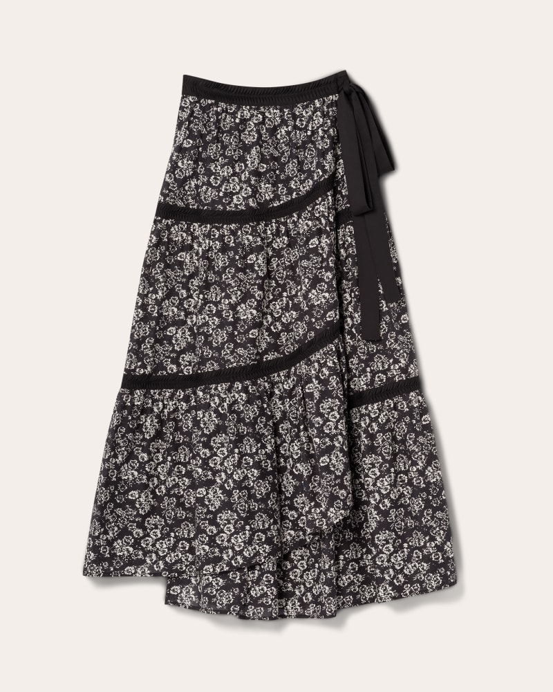 Front of a size 10 Prins Skirt in Black Stamped Floral Print by Merlette. | dia_product_style_image_id:319910